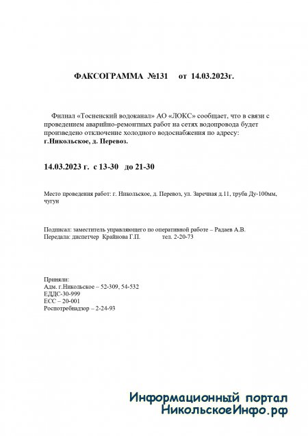 Отключение холодной воды 14.03.2023
